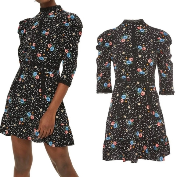 Topshop Dresses & Skirts - Topshop Black Floral Star Print Lace Up Back Puff Half Sleeve Mini Dress Size 8